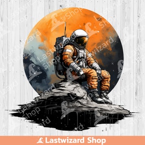 Astronaut In A Moon png-sublimatie, ruimtevaarder jpg, illustraties Mars, universum png-aquarel, afdrukbaar kunstwerk, ruimtepak png, planeet png
