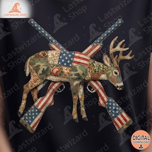 May include: A navy blue graphic tee featuring a deer with patchwork patterns of camouflage, floral, and American flag designs. Two rifles with American flag patterns are crossed behind the deer. The words "DIGITAL DOWNLOAD" are in the bottom right corner.