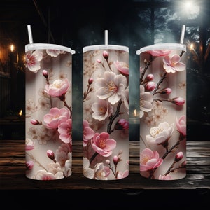 3D ホワイトとピンクの桜 20 オンス スキニー タンブラー ラップ 昇華デザイン ストレート、桜ジャパン タンブラー PNG、桜ガーデン、桜