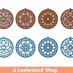May include: Eight decorative round ornaments with intricate mandala designs. Four ornaments are brown with a glitter finish and four ornaments are blue.