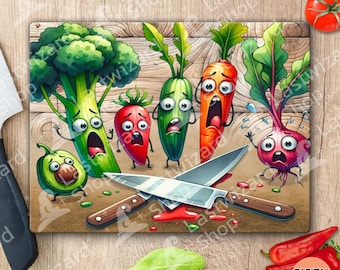 May include: A cartoon cutting board featuring anthropomorphic vegetables with terrified expressions. Two knives with blood are on the board. The vegetables include broccoli, a tomato, a cucumber, a carrot, an avocado, and a beet.