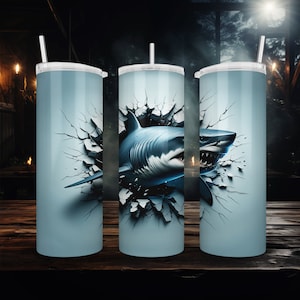 3D Shark in hole wall cracked 20 oz Skinny Tumbler Wrap Sublimation Design for Straight, Tapered, Shark Enthusiasts Tumbler PNG, Shark Lover