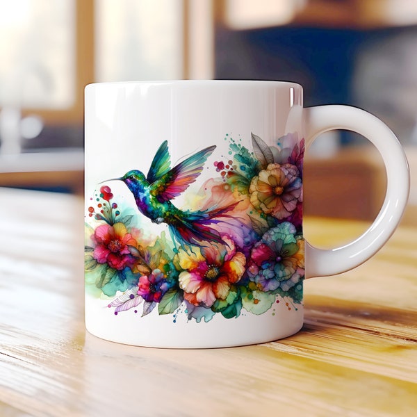 Hummingbirds Alcohol Ink Mug Wrap 11oz & 15oz Mug Wrap Template, Bird Lover Gift, Mug Sublimation Design, Digital Download, Birdwatcher