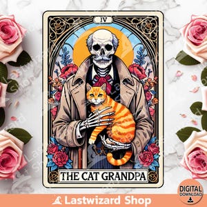 Carta del tarot del abuelo gato PNG, sublimación de cartas del tarot con esqueletos divertidos, PNG de papá gato, abuelo amante de los gatos, carta del tarot del gato PNG, abuelo
