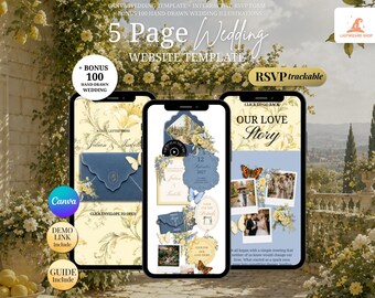 Maison Papillon Wedding Website Template: Butter Yellow & Dusty Blue Canva Wedding Website with RSVP | Mobile-Friendly for Paperless Couple