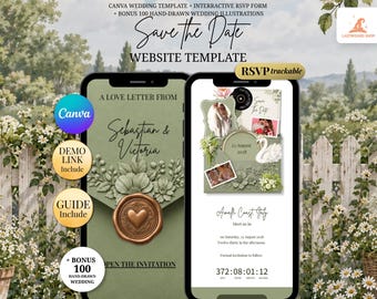 Sage Green Swan Save the Date Wedding Website Invitation with RSVP, Music, Countdown Timer | Garden Digital Invitation Canva Template