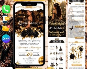 Quinceanera Invitations Black And Gold For Sweet 16 | Downloadable Invitation Template Canva 15th Birthday | Invite RSVP Download