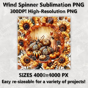 May include: A digital illustration of a fall-themed wind spinner design featuring a wreath of sunflowers surrounding a pile of pumpkins with leopard print and striped patterns. The pumpkins are surrounded by pine cones and autumn leaves.