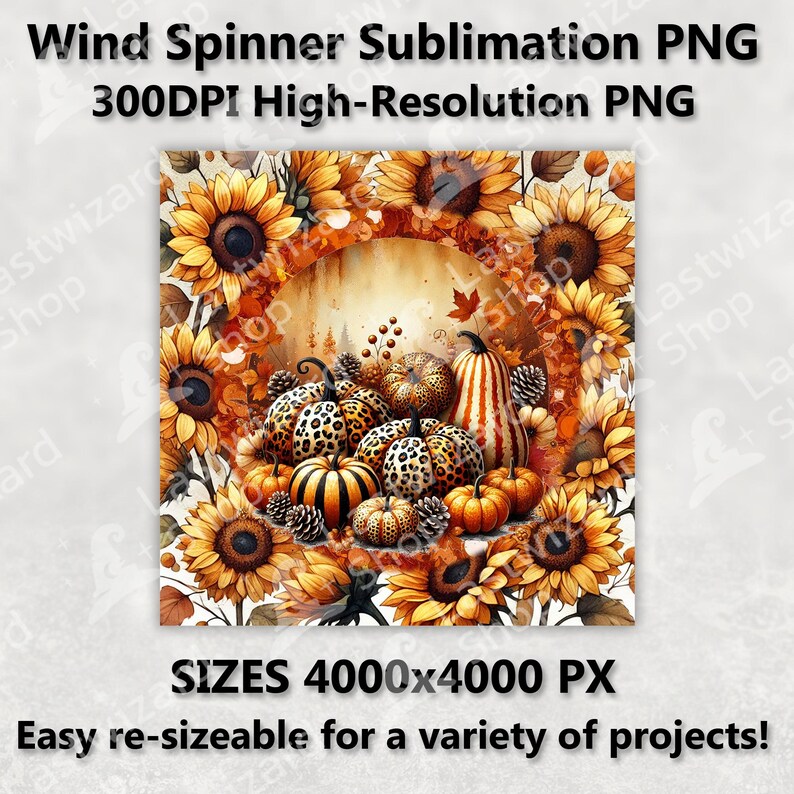 May include: A digital illustration of a fall-themed wind spinner design featuring a wreath of sunflowers surrounding a pile of pumpkins with leopard print and striped patterns. The pumpkins are surrounded by pine cones and autumn leaves.