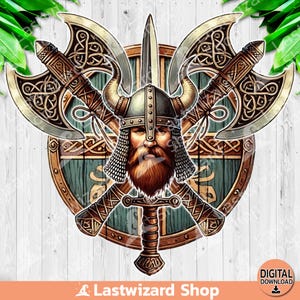Viking Shield and Axe and Sword PNG, Viking Warrior Sublimation Design, Watercolor Viking Head Clipart, Valhalla PNG, Digital Download