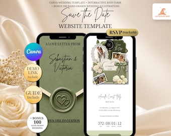 Sage Green Floral Save the Date Wedding Website Invitation RSVP, Music, Countdown: Elegant Old Money Digital Invitation Canva Template