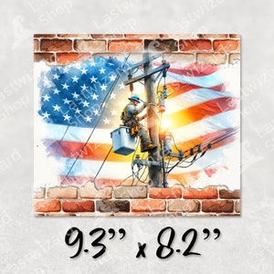 Dark silhouette of a utility worker climbing a power pole against a grunge USA flag background digital illustration