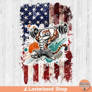 Peut inclure: Une illustration numérique d'un tigre soulevant une barre d'haltères sur fond de drapeau américain. Le tigre est musclé et a une expression déterminée. Le drapeau est délavé et a un effet grunge.