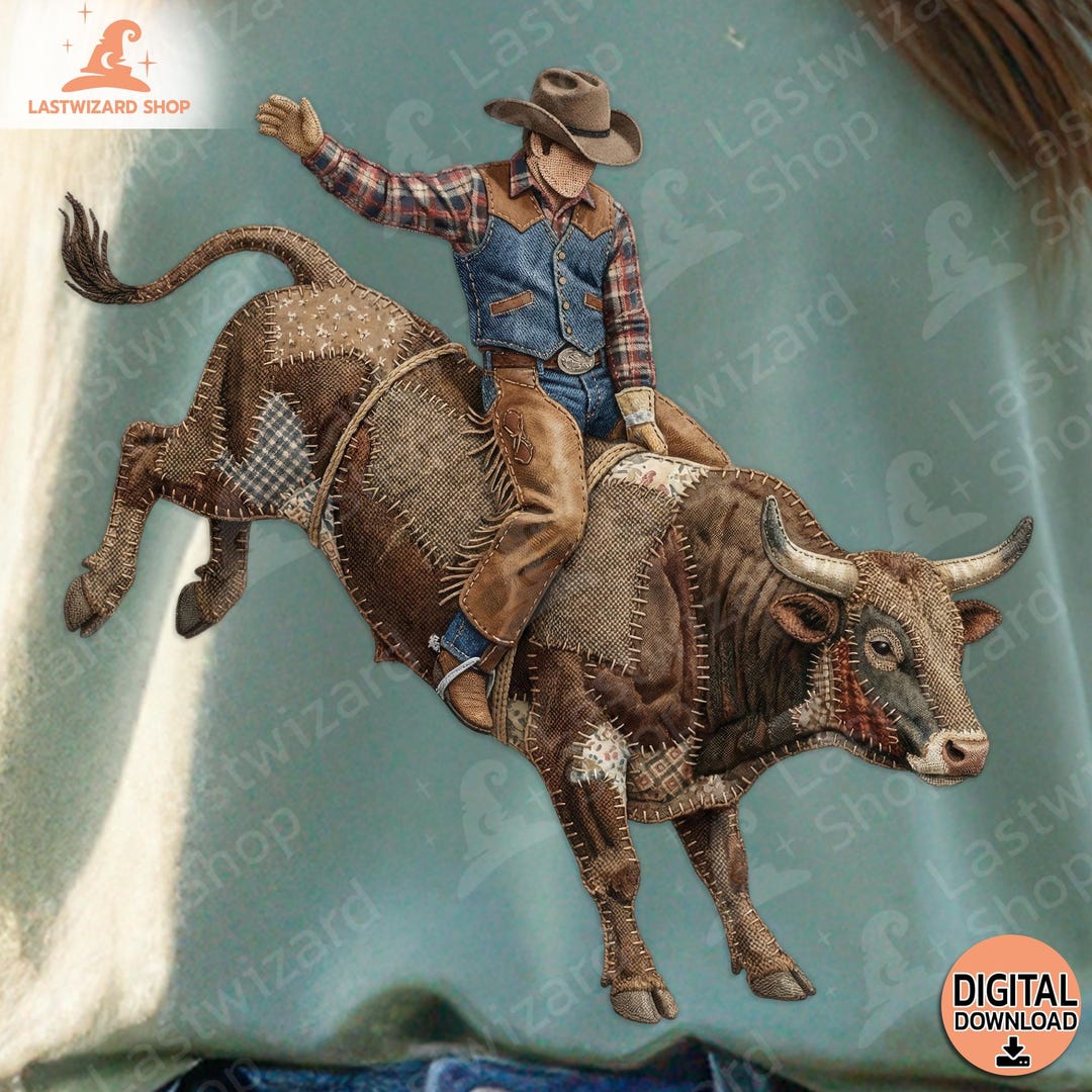 Retro Cowboy Riding Bucking Bull PNG, Patchwork Rodeo Sublimation ...