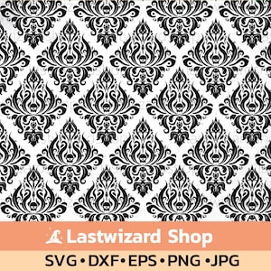 May include: A black and white damask pattern with a skull design in the centre of each diamond shape. The pattern is seamless and can be used for a variety of projects.