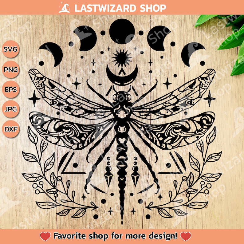 Intricate mystical dragonfly silhouette with delicate wings and celestial moon phase symbols for spiritual wall art and vinyl decals.