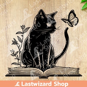 Gato preto leu livro e borboleta svg, bruxa svg, familiar svg, bruxaria svg, tatuagem, cortador de vinil, Cricut, silhueta, sublimação png