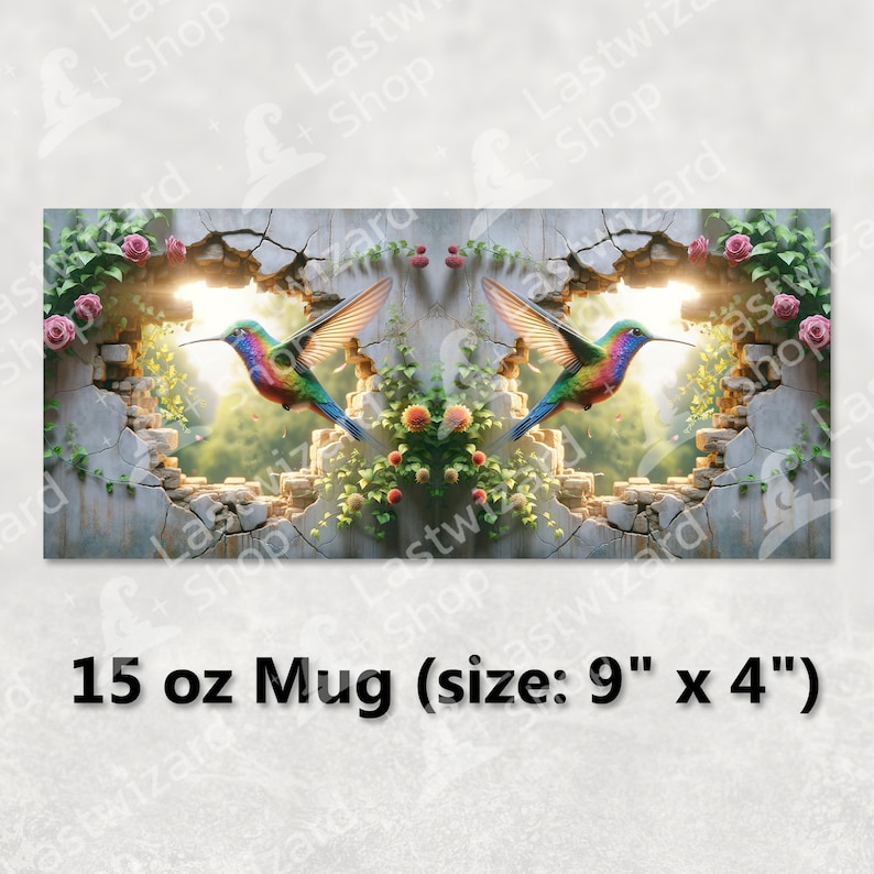 Printable 3D illusion bird and flower sublimation wrap template for 11oz and 15oz mugs