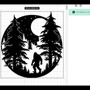 May include: Black and white silhouette of Bigfoot walking through a forest with a full moon in the background.