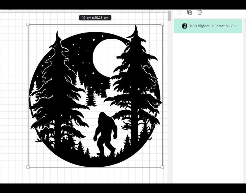 May include: Black and white silhouette of Bigfoot walking through a forest with a full moon in the background.