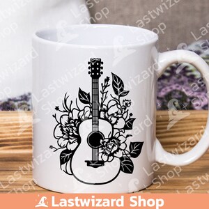 Country music instrument graphic featuring a guitar with flowers for custom tote bag and mug gifts.