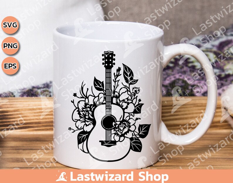 Country music instrument graphic featuring a guitar with flowers for custom tote bag and mug gifts.