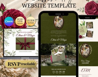 Old Money Wedding Website Canva Olive Green And Burgundy | Classic Wedding Invitation Template For Europe Garden Estate Wedding Couples