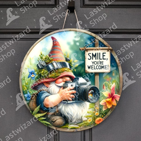 Gnome Photographer Round Sublimation Door Hanger Png Design, Camera Welcome Door Sign 12 Inch Round Png, Digital Download, Love Photography