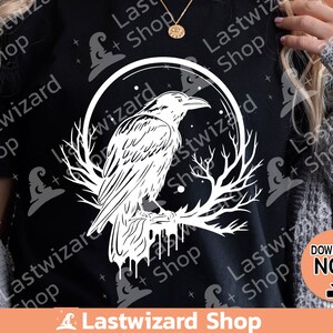Witchy crow and moon phase digital PNG for Halloween home decor and mystical craft projects with high-resolution 300 DPI quality.