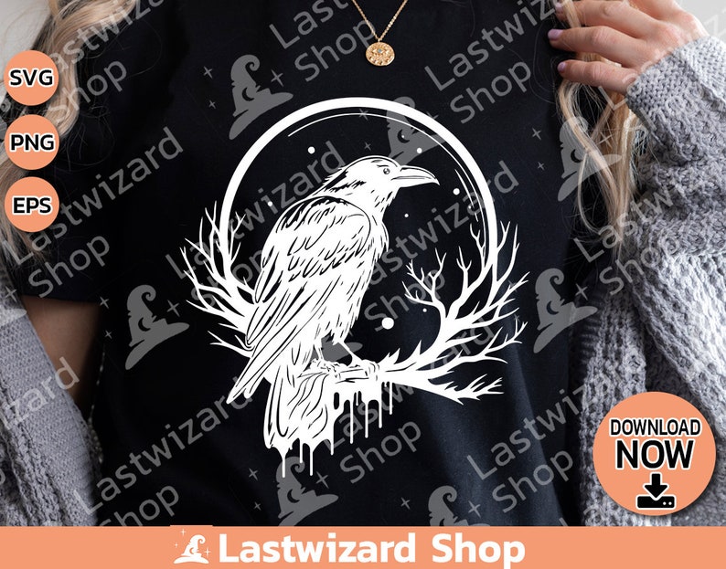 Witchy crow and moon phase digital PNG for Halloween home decor and mystical craft projects with high-resolution 300 DPI quality.