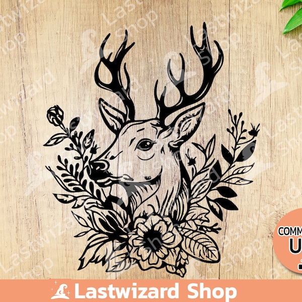 Deer Head with flower svg, Antler Svg, camping Svg, Wall art, Vinyl Cutter, svg file cricut, silhouette, png sublimation, deer lovers gift