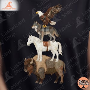 May include: Black t-shirt featuring a whimsical illustration of a bison, horse, wolf, and eagle stacked on top of each other. The animals are depicted in a patchwork style with various textures and colors. The words "DIGITAL DOWNLOAD" are in the bottom right corner.