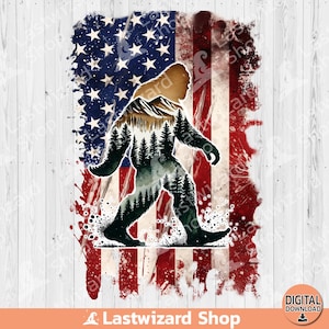 Bigfoot Forest Scene American Flag, Yeti Gift Sublimation Design, Shirt For Sasquatch Clipart, Bigfoot Loving Png, Bigfoot Hunt, Digital