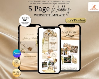 Champagne Beige Vintage Wedding Website Template with Reveal Envelope, RSVP, Music and Countdown: DIY Canva Template (Digital Download)