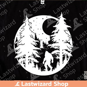 Sasquatch walking through pine trees and mountains PNG digital download for camping mugs