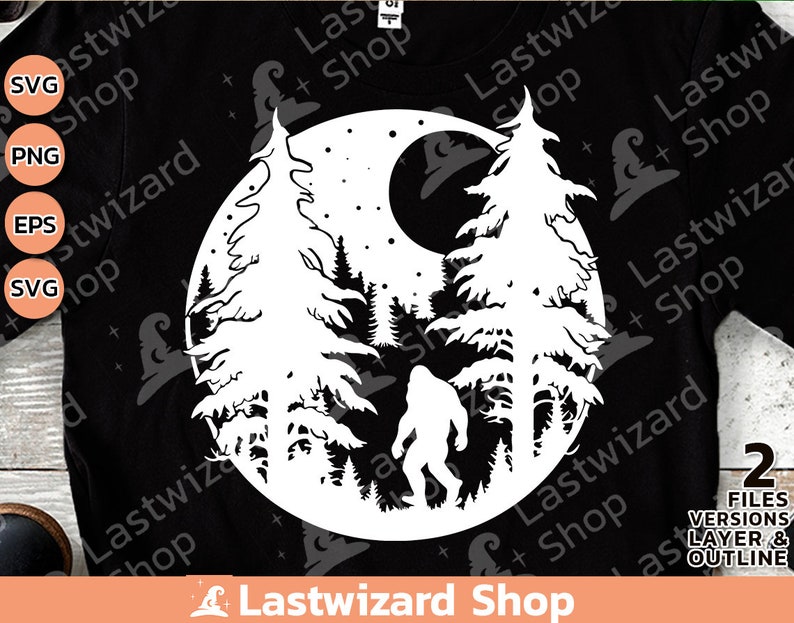 Sasquatch walking through pine trees and mountains PNG digital download for camping mugs