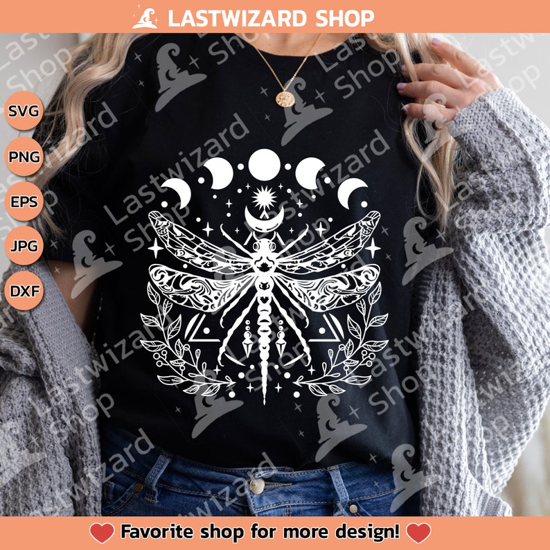 High-resolution dragonfly totem sublimation design featuring stars and lunar elements, perfect for boho aesthetic t-shirts and yoga accessories.