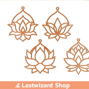 ロータス イヤリング SVG、ウッド フェイク レザー イヤリング、イヤリング テンプレート SVG、フラワー ラバー、DXF、EPS、PNG ファイル、Cricut、シルエット レーザー カット ファイル
