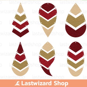 May include: Six earring templates in a teardrop and oval shape with a chevron pattern in burgundy, gold, and beige colors. The templates are for crafting leather earrings.