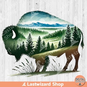 May include: A watercolor illustration of a bison with a landscape scene inside. The bison is brown and green, with a forest and mountain scene inside its silhouette. The image includes the text "Lastwizard Shop" and "DIGITAL DOWNLOAD".