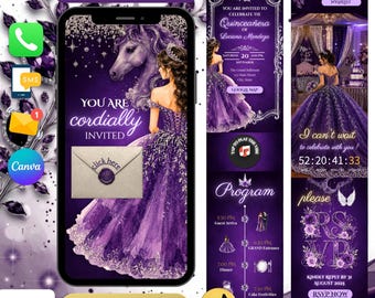 Quinceañera Digital Invitation | Customizable invitation | Save The Date Quince Purple Silver | Pegasus Editable Canva Inviten for Sweet 16