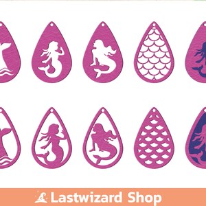 May include: Set of 10 mermaid-themed earring designs. The designs include a mermaid with a tail, a mermaid with a fishtail, a mermaid with scales, and a mermaid with a crown. The earrings are cut out of pink and blue leather.