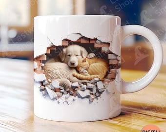 Dog and Cat Mug Wrap: 3D Sleeping Hole Design (Digital Download)