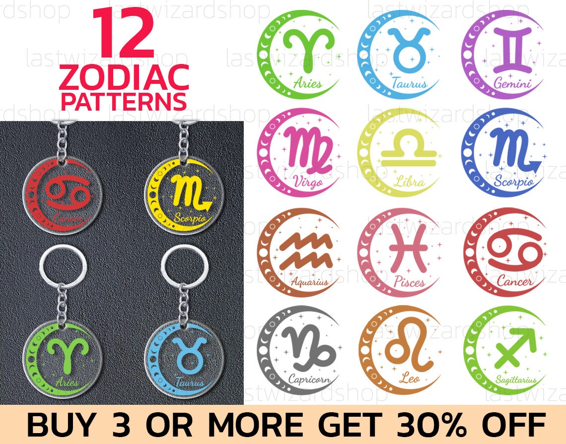 12 Zodiac Keychain Sign Svg Bundle Astrology Svg Horoscope | Etsy