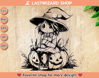Scarecrow Witch on Pumpkin SVG PNG: Farmhouse Halloween Clip Art (Digital Download)
