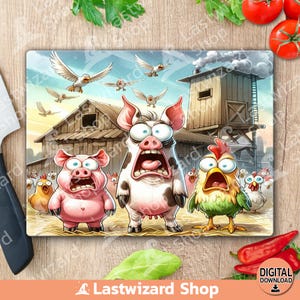 Lustiges Bauernhof Tier PNG - Schwein, Huhn & Kuh Sublimationsdesign für Schneidebrett, rustikale Küchendekoration Clipart