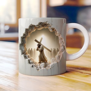 3D Jesus and Cross Hole Wall Cracked Mug Wrap 11oz & 15oz Mug Wrap Template, Mug Sublimation Design, Digital Download, Religious Christian