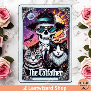 Carta del tarot El padre gato PNG, diseño de sublimación, carta del tarot Esqueleto, Cat PaPa PNG, Día del padre, Tarot sarcástico, regalo para el padre gato dueño de un gato