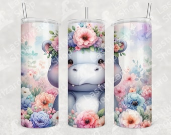 Hippo with Floral Crown 20 oz Skinny Tumbler Wrap Sublimation Design for Straight, Tapered, Hippopotamus Tumbler PNG, Hippo with Flower