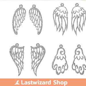 May include: A set of six silver glitter earring designs. The designs include two pairs of angel wings, a pair of paw prints, and a pair of feather-like shapes.